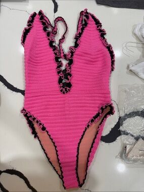 Hot Pink Crochet One-Piece Swimsuit with Black Trim